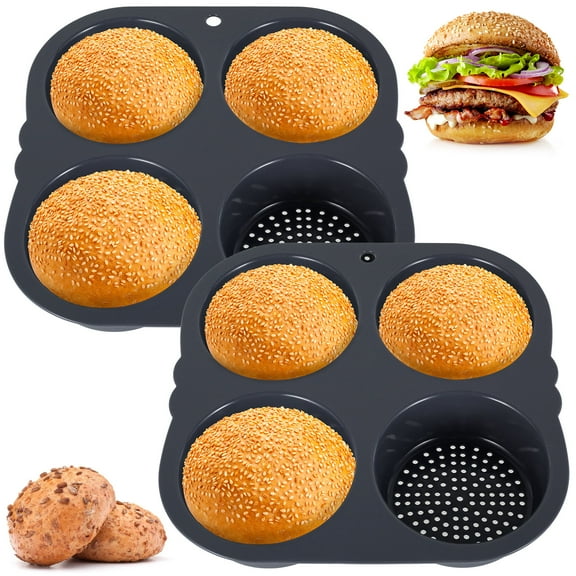 Hamburger Bun Pan, Silicone Hamburger Bun Mold Non Stick Baking Pan for Making Buns, 2 Pack 8 Loaf