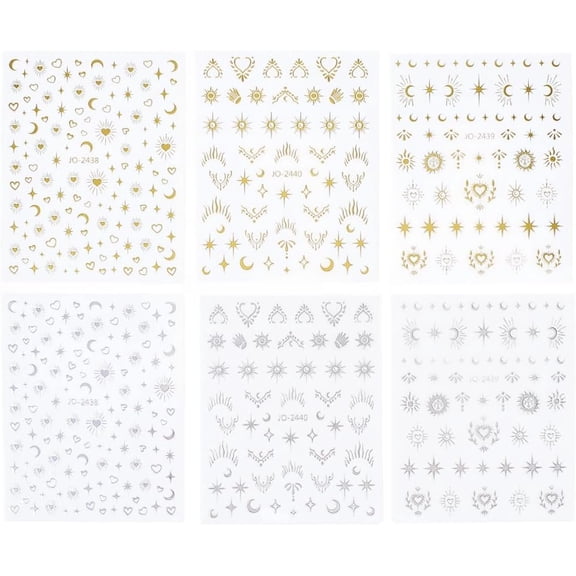 1 Box 12 Sheets 6 Styles Silver Celestial Nail Decals Gold Sun Moon and Star Nail Stickers Self Adhesive Design Fantasy Fingers Toes Art Decal Accessories for Women DIY Manicure Decoration Pink