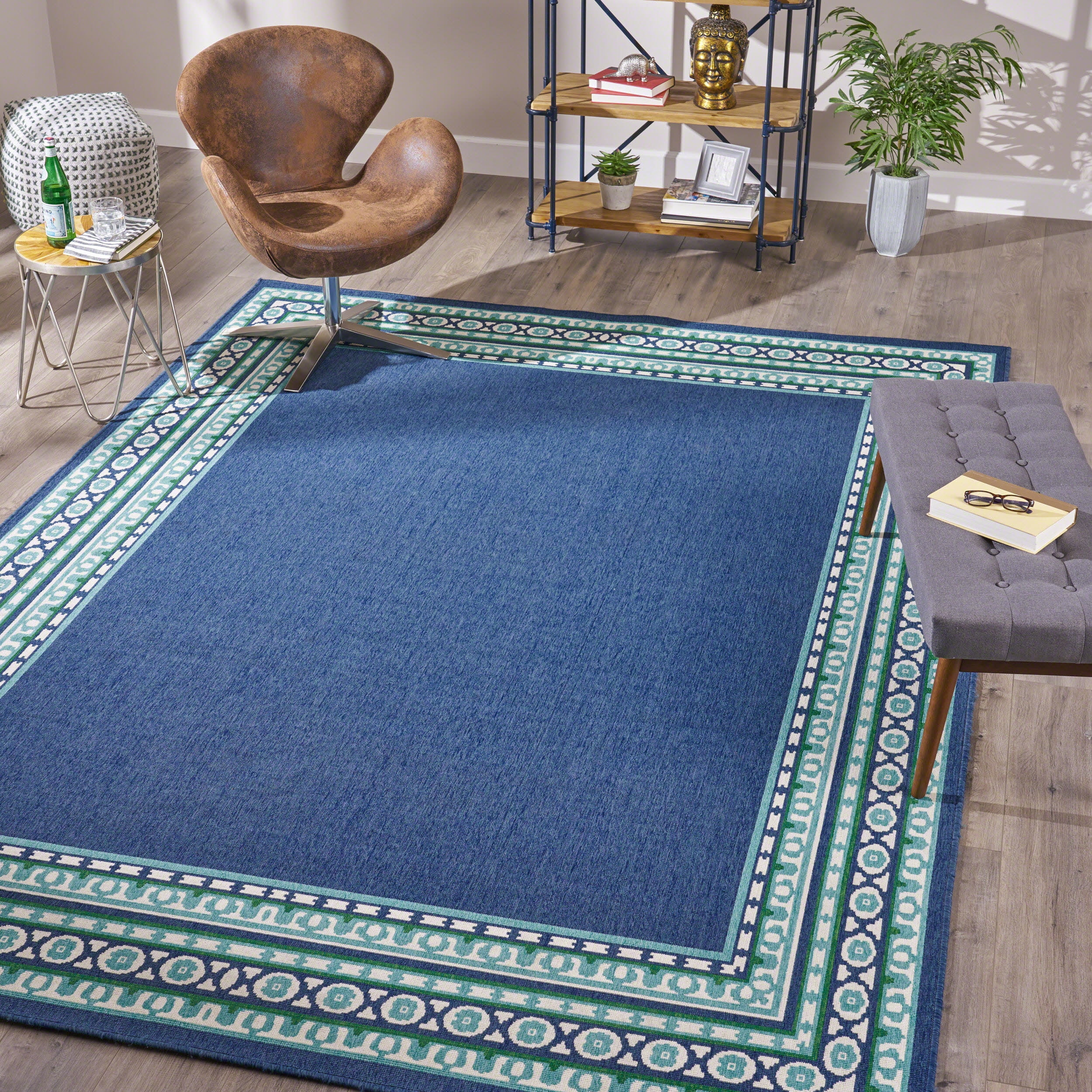 Noble House Jaziel Indoor Border 8 x 11 Area Rug, Navy, Green