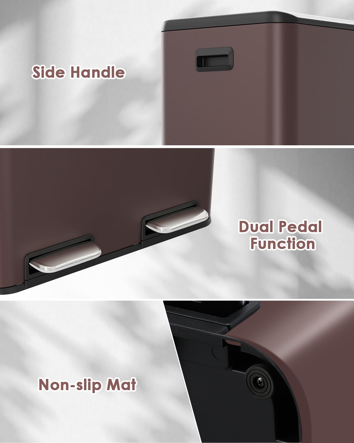 Pirecart 16 Gallon Dual Trash Can Stainless Steel Step Garbage Can Rubbish Bin with Soft-Close Lid, Brown