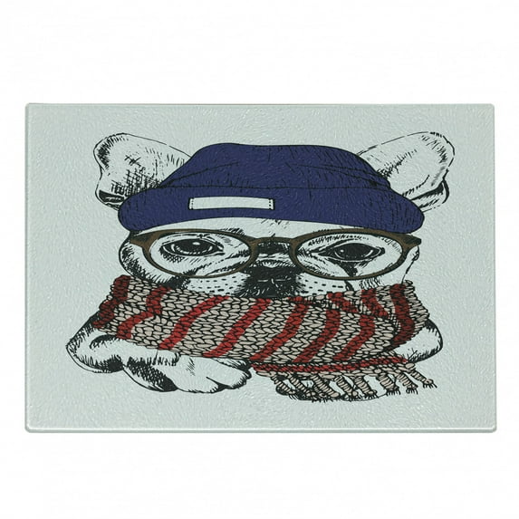 Bulldog Cutting Board, Hand Drawn Style Portrait of Cozy Winter Dog Wearing a Scarf Beanie and Glasses, Decorative Tempered Glass Cutting and Serving Board, Small Size, Multicolor, by Ambesonne