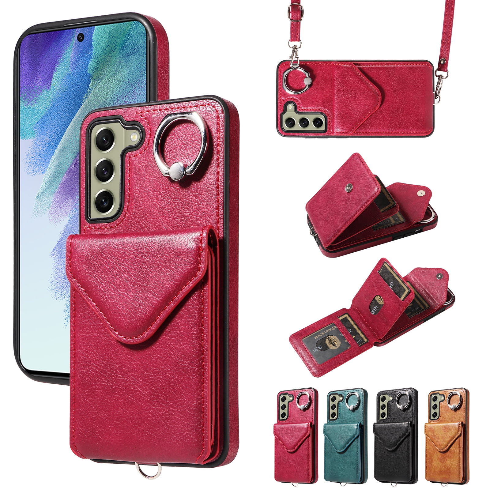 Dteck Crossbody Wallet Case for Samsung Galaxy A15 5G, Card Holder Phone Case with Ring Stand, Premium PU Leather Protective Case with Removable Shoulder Strap for Galaxy A15,Red