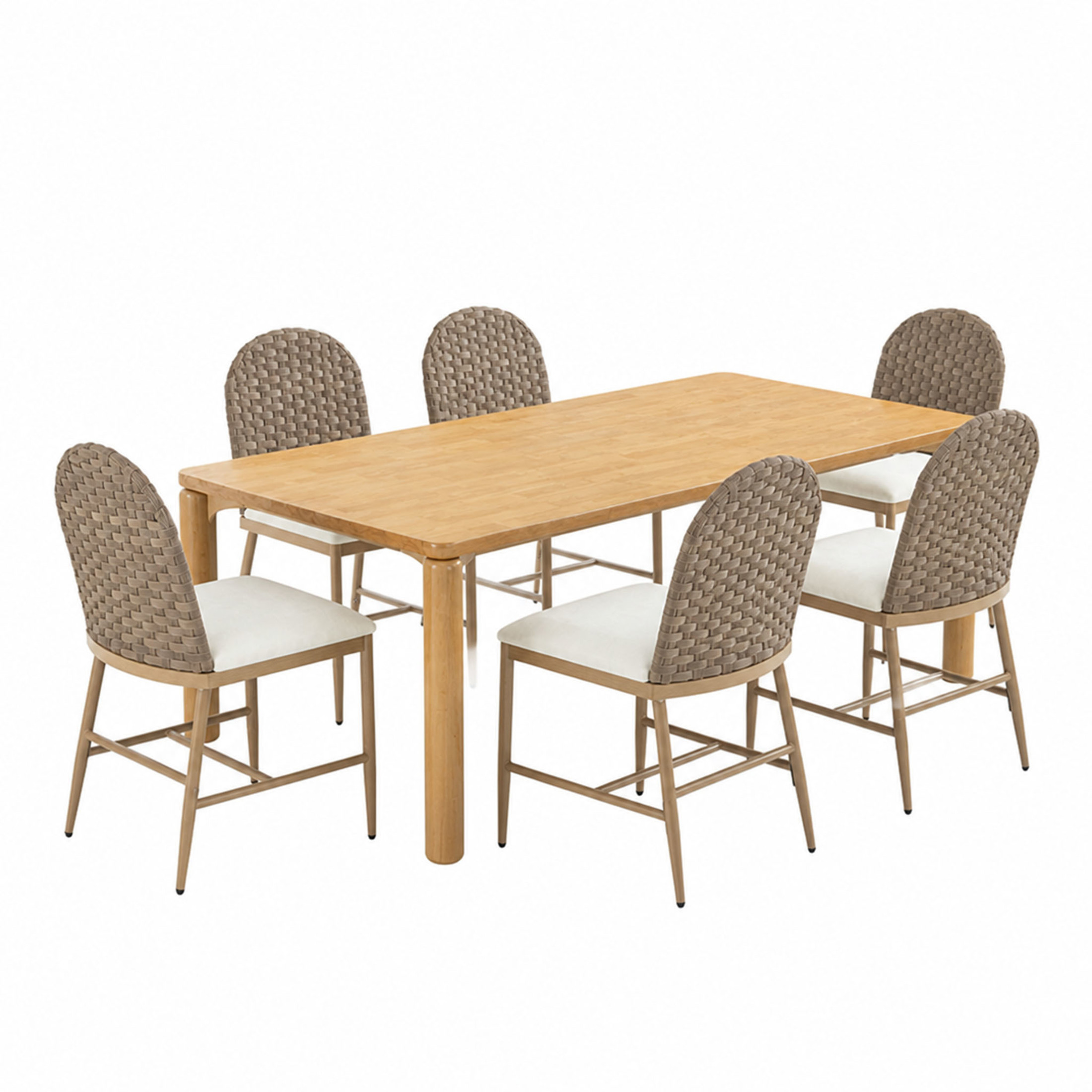 Christopher Knight Home 7-Piece Farmhouse Dining Table with Rattan Chairs Set, Natural+Brown+Beige