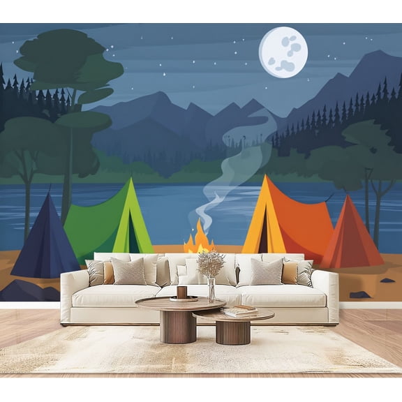 Wallpaper Forest Scene Camping Summer Camp Happy Camper Tent Peel and Stick Wall Murals 100"H x 144"W Removable PVC Wall Paper Self-Adhesive Wall Paintings Art Decor for Bedroom Living Room