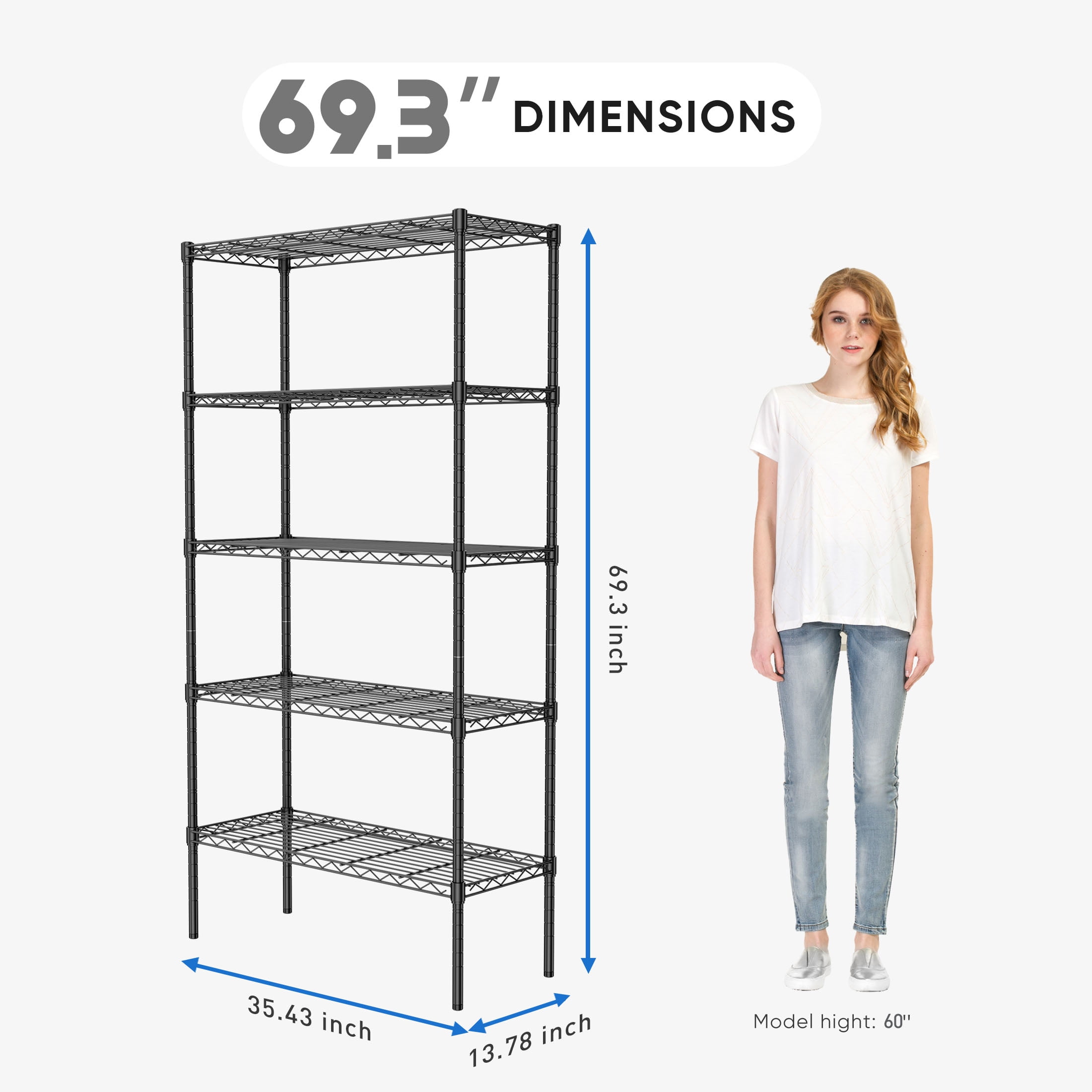 edx 5 Tier Metal Shelving Unit, 35.43"W x 13.78"D x 69.3"H Height Adjustable Wire Storage Shelves, H(图4)