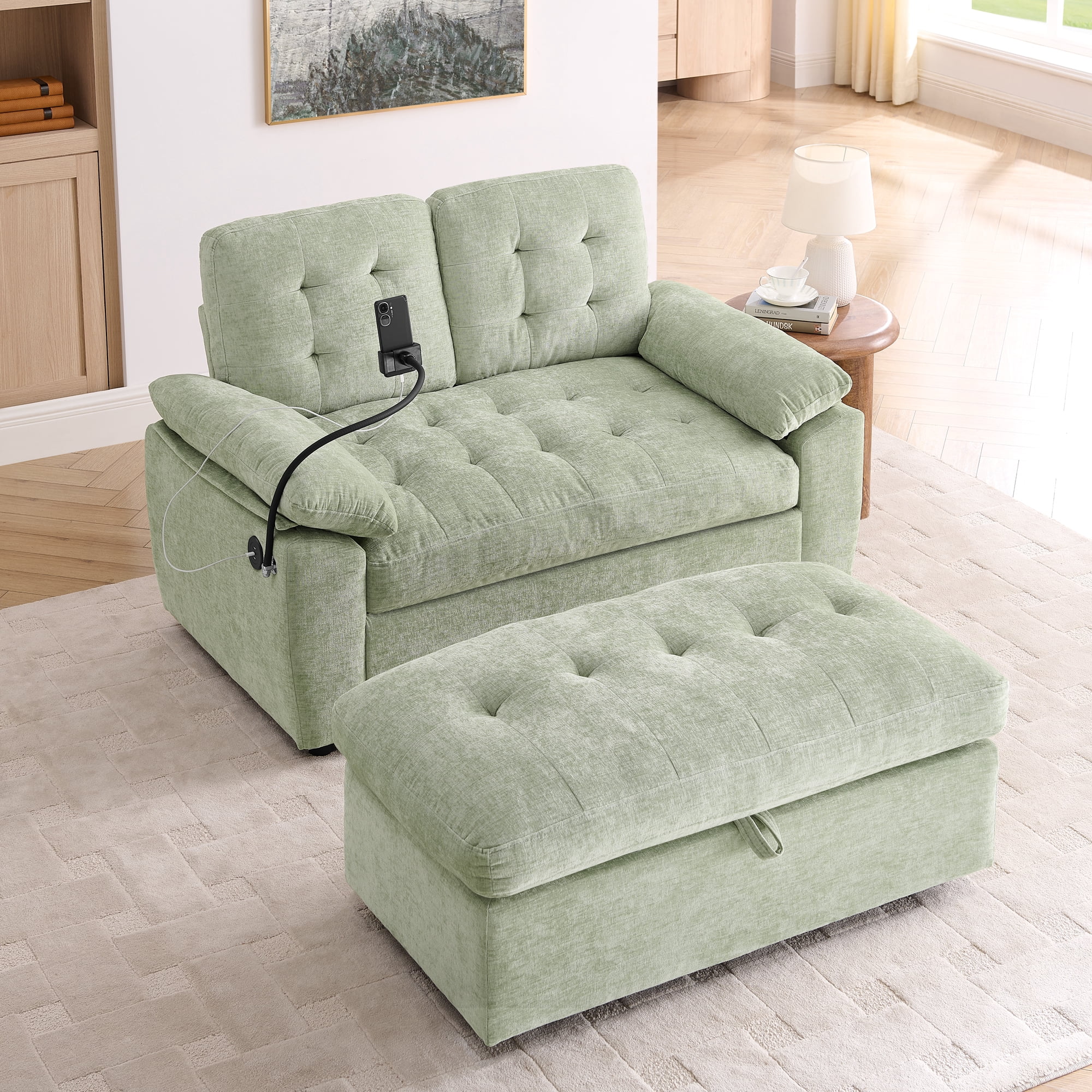 56" Loveseat Recliner with Adjustable Backrest, USB Charging Port, Phone Stand and Storage Ottoman