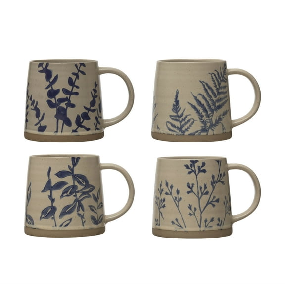 Creative Co-Op Hand Stamped Stoneware Mug with Wax Relief Botanical Design, Antique Blue and White, Set of 4 Styles