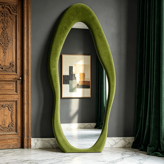Full Length Mirror 63"x24", Flannel Wrapped Wooden Frame Floor Mirror, Irregular Wavy Mirror Hanging or Leaning for Cloakroom/Bedroom/Living Room, Green
