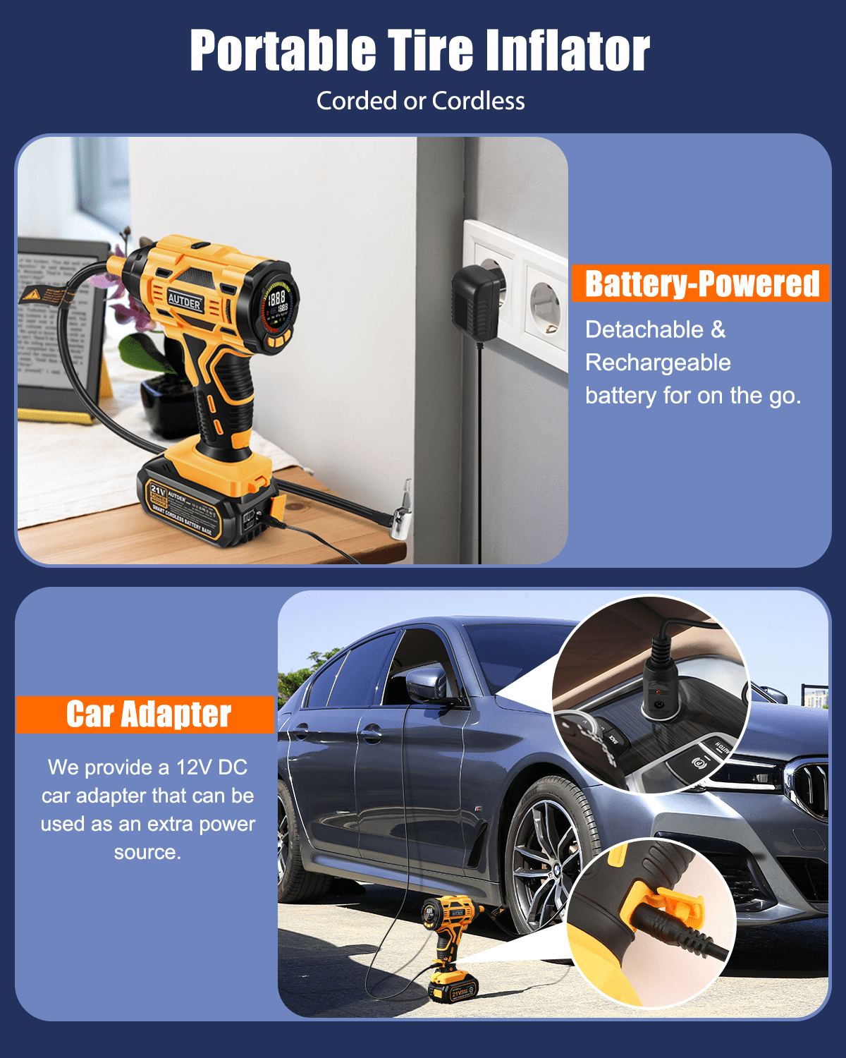 Autder Tire Inflator 180 PSI Cordless Air Compressor with Battery and Car Adapter, Yellow