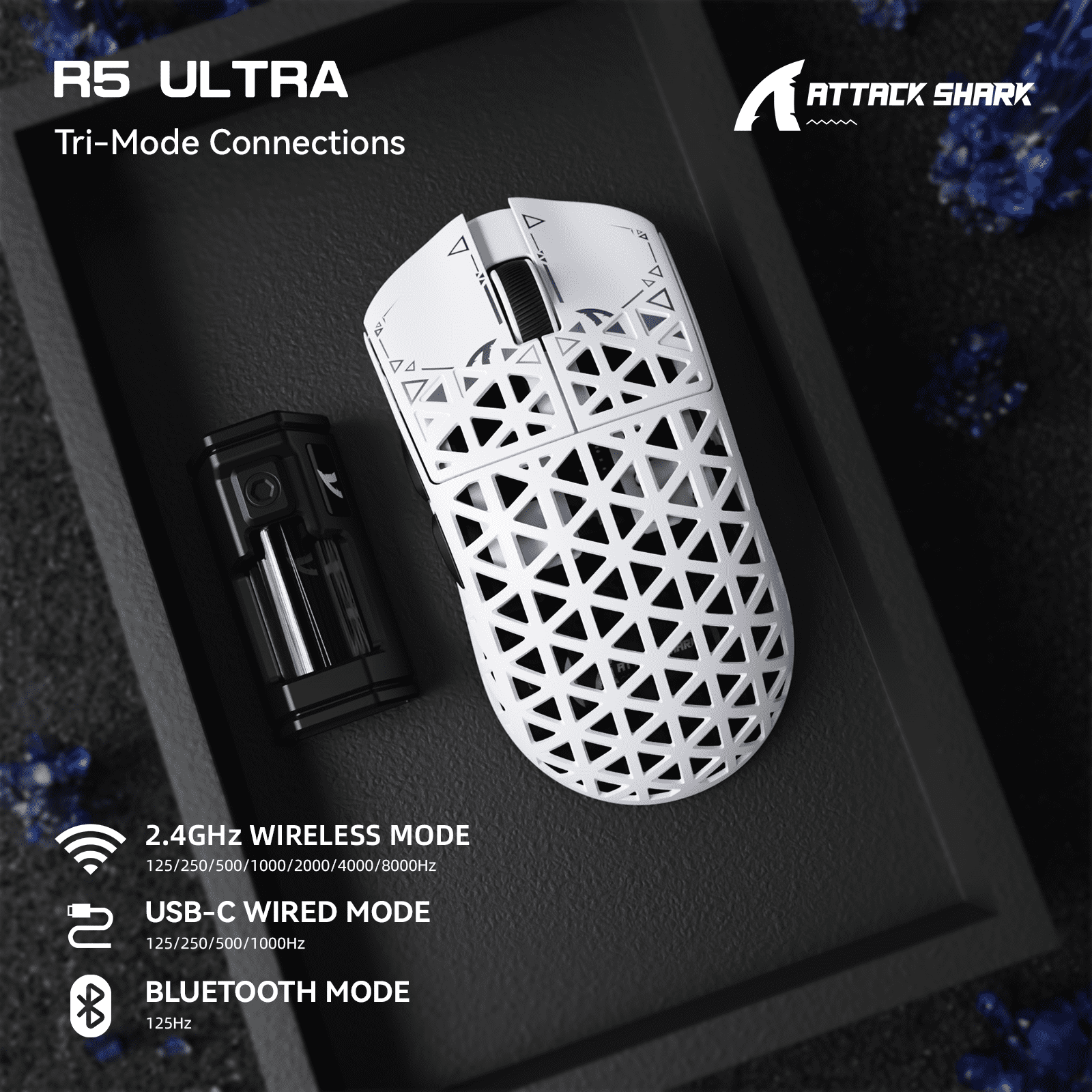 ATTACK SHARK R5 Ultra Carbon Fiber Wireless 8K Gaming Mouse 39g SUPERLIGHT, PixArt PAW3950MAX Gaming Sensor, 8000Hz Wireless Polling Rate, MCU Nordic 52840, DPI up to 42000, BT/2.4G Wireless/Wired