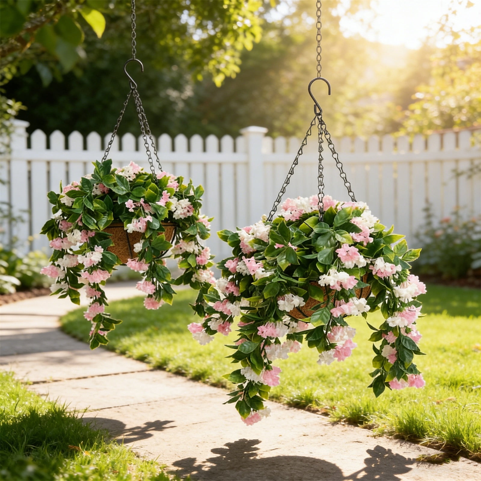 2PC Artificial Faux Hanging Plants Flowers Basket 15" Faux UV Resistant Crepe Myrtle for Outdoors Indoor Pink