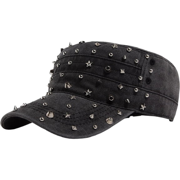 Byfri Studded Cadet Cap Black Cotton Adjustable Flat Top Hat for Men Women Streetwear