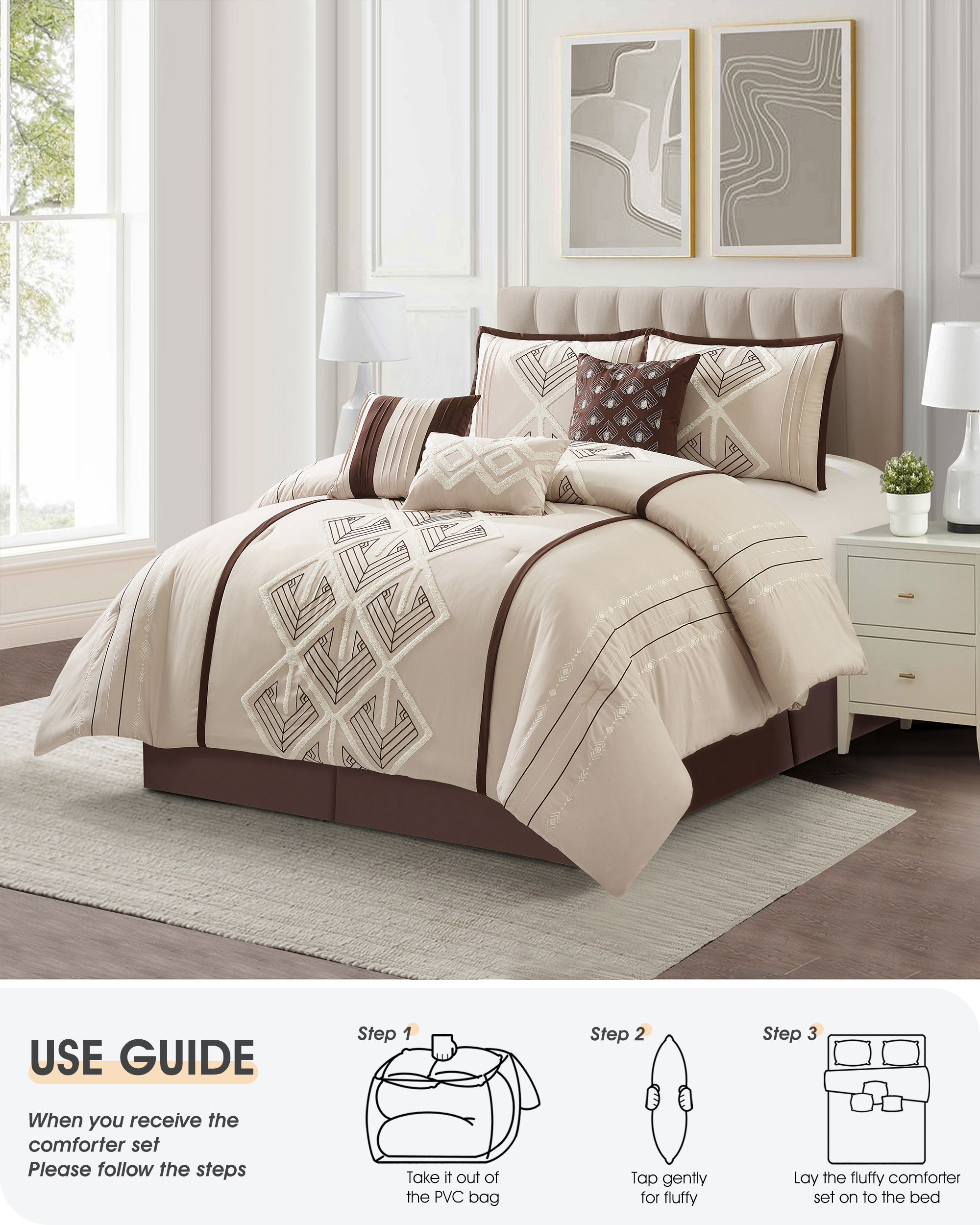 Lanco Brown Comforter Set King Size, 7 Piece, Terry Embroidery Geometric Home Decor, Matcking Bed Skirt, Pillows & Shams, All Season Bedding Set