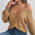 thumbnail image 5 of UTSJKR Women's Trendy Cold Shoulder Sweaters Deals 2024 Fashion Clothing Solid V Neck Pullover Tops Cable Knit Loose Oversized Jumper Long Lantern Sleeve Sleeve Fall Sweaters Khaki M, 5 of 8