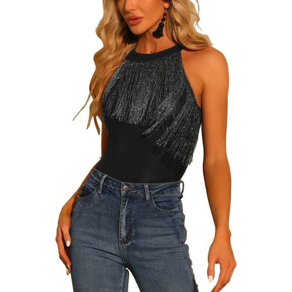 INSPIRE CHIC Women's Bodysuit Fringe Trim Sleeveless Halter Neck Bodycon Tops XS Black