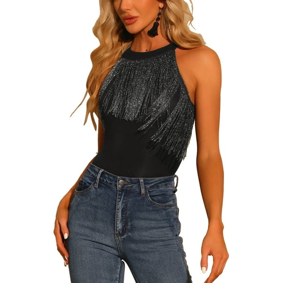 INSPIRE CHIC Bodycon sans manches à col halter avec franges pour femmes XS Noir