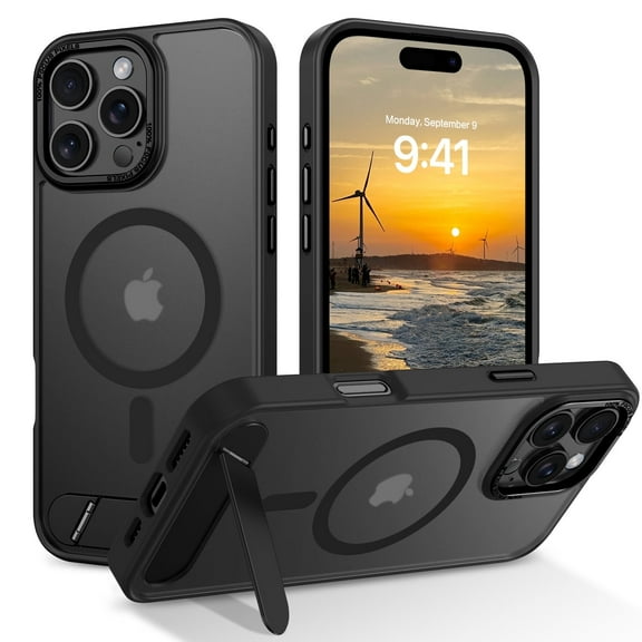 YINLAI for iPhone 16 Pro Case Compatible with Mag-safe with Kickstand,Magnetic Case with Foldable Invisible Kickstand,Translucent Matte Back Protective Case for iPhone 16 Pro 6.3",Black