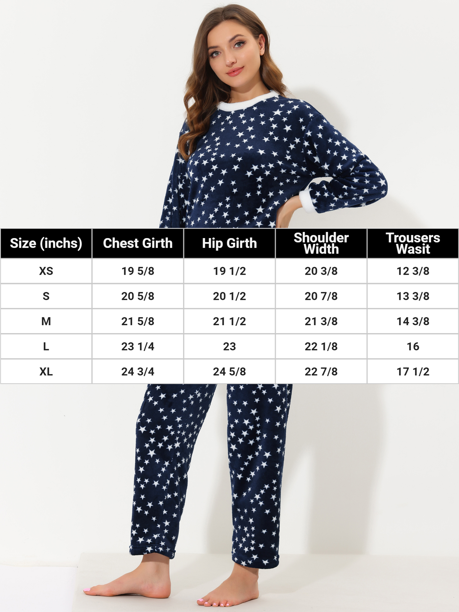 Unique Bargains Women's Heart Star Warm Plush Fleece Top and Pants Pajamas Set XS Blue