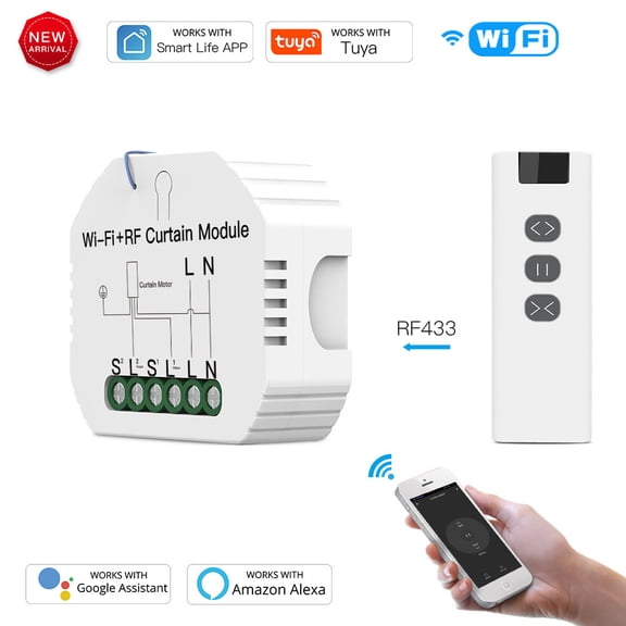 WiFi Smart Curtain Switch 433MHz RF Remote - Tuya Smart Life App Control Relay for Automatic Curtains, Compatible with Alexa/Google Home, DIY Installation, FCC/CE Certified