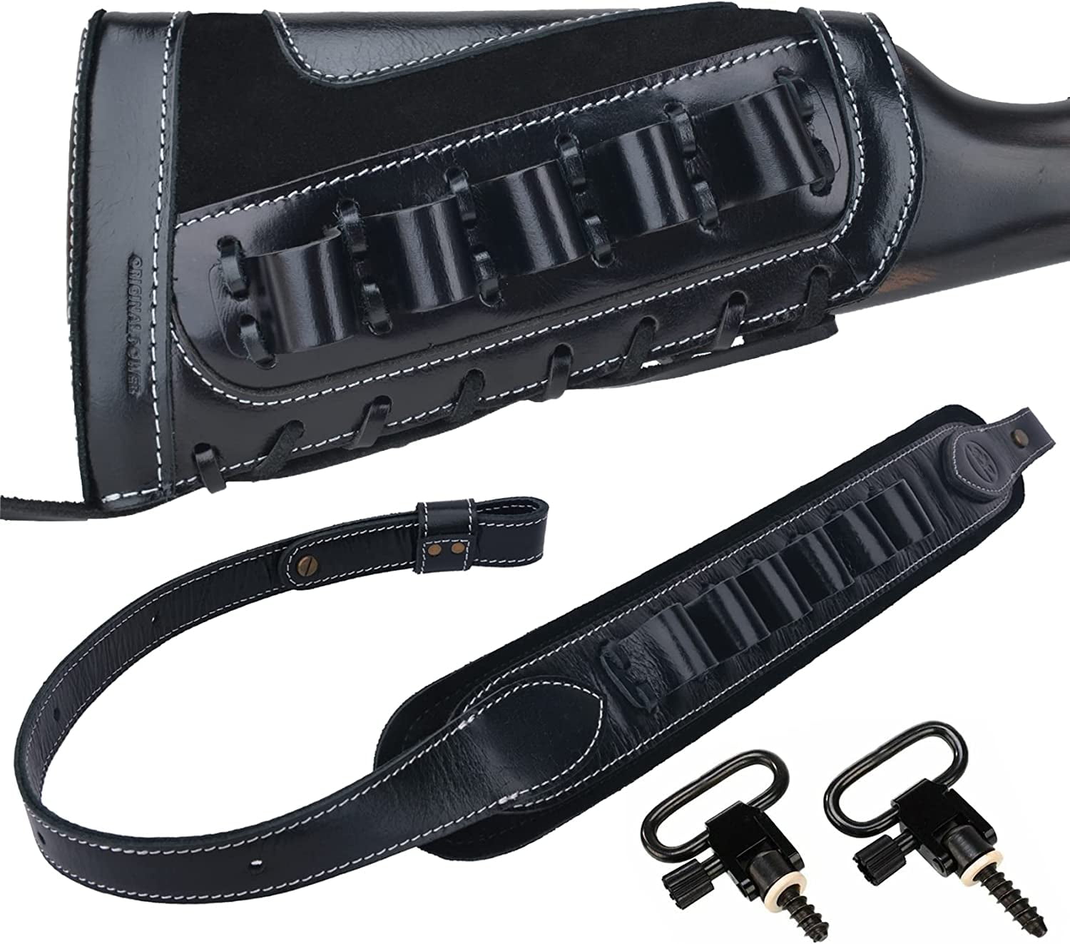 WAYNE'S DOG Leather Shotgun Shell Holder Buttstock with Gun Sling for