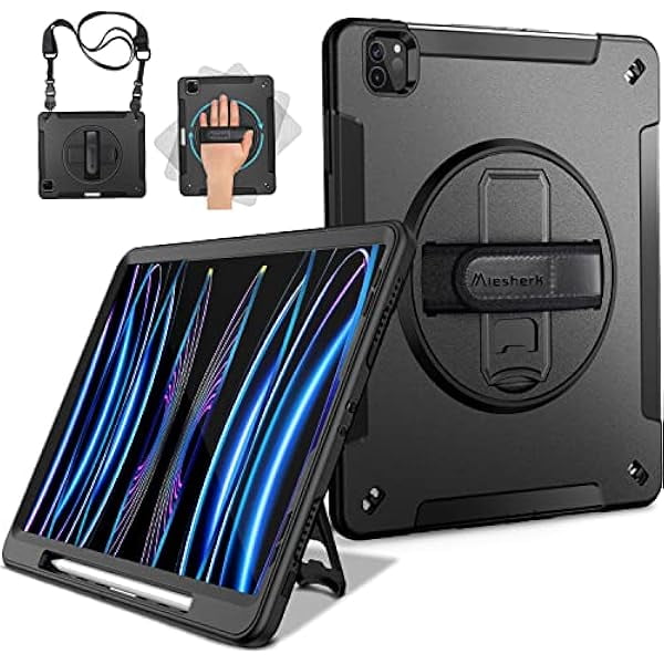wonim11 Miesherk iPad Pro 11 Case 2022/2021: 4th Gen Military Grade Heavy Duty Shockproof Rotating Stand + Hand/Shoulder Strap, Black