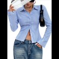 thumbnail image 2 of Camisa Corta A Rayas con Botones para Mujer, Blusa Ajustada de Larga, Camisa de Trabajo Azul S, 2 of 9
