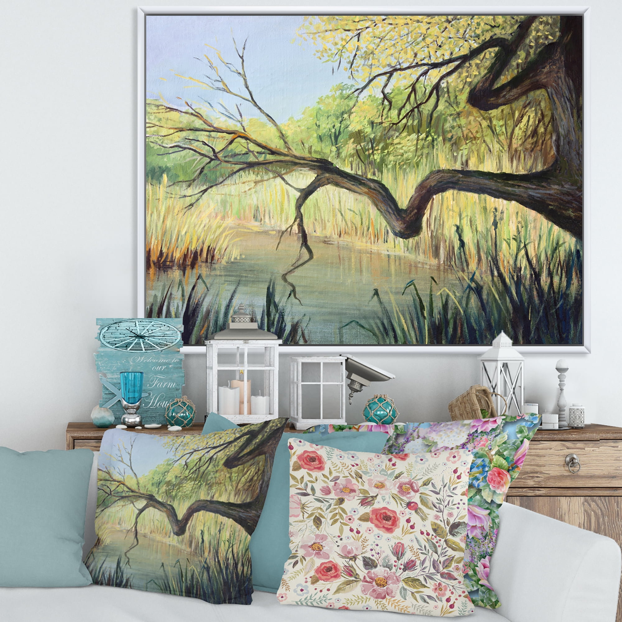 Designart 'The Lake of Silence From The Tree' Lake House Framed Canvas Wall Art Print