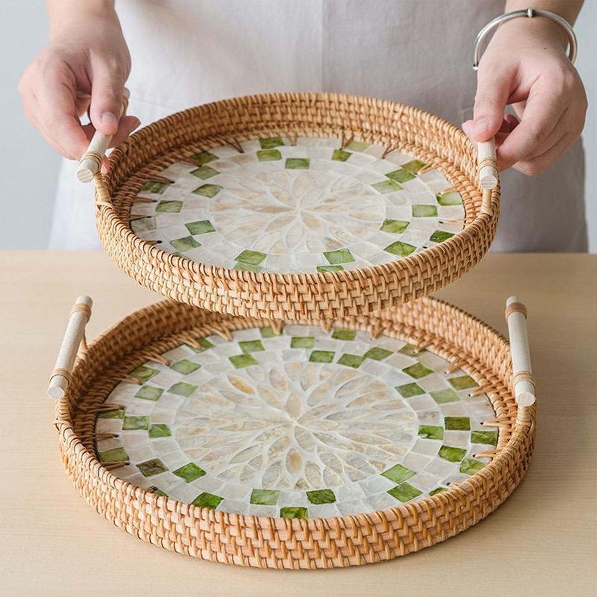Round Rattan Wicker Woven Tray Basket with Shell Wooden Base and Handle for Fruit Bread Serving, Coffee Table Tray, Vanity Ottoman Tray Organizer for Kitchen, Storage Display