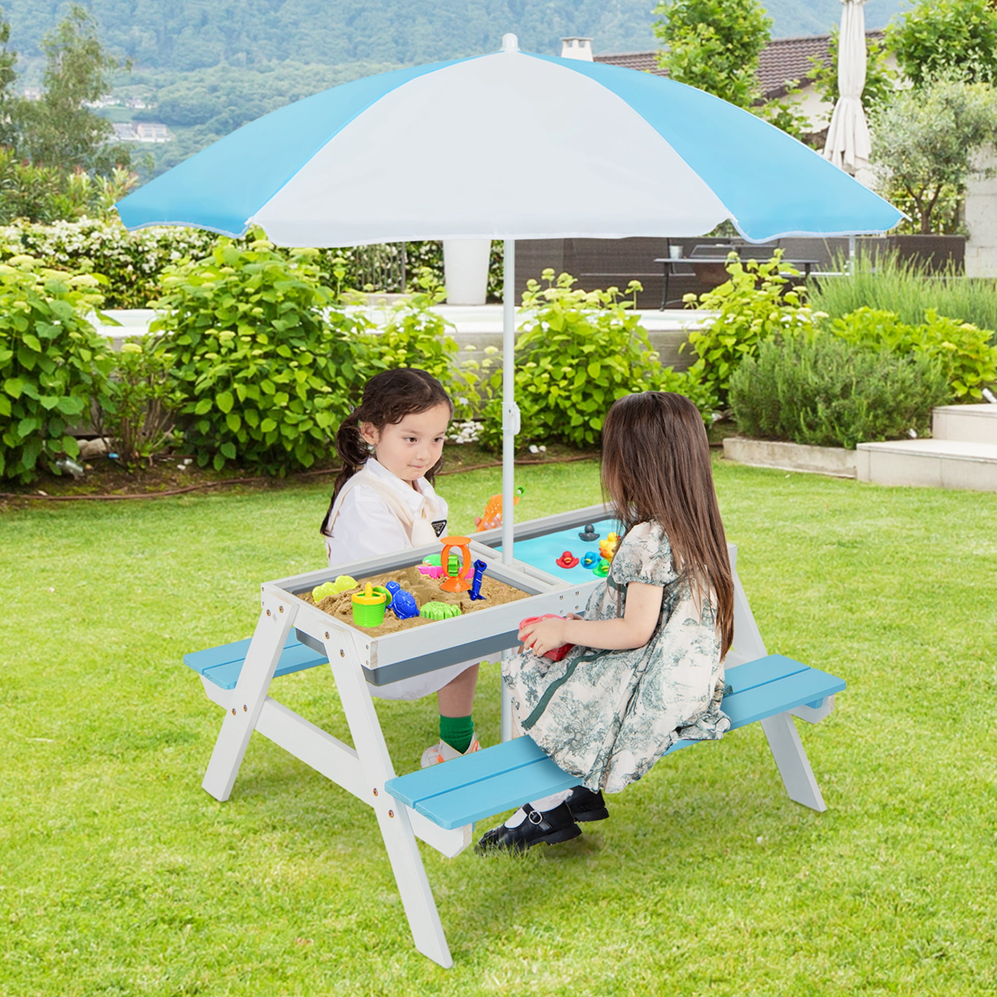 Costway 3-in-1 Kids Picnic Table Wooden Outdoor Sand & Water Table with Umbrella Play Boxes Blue