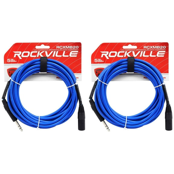 2 Rockville RCXMB20-BL Blue 20' Male REAN XLR to 1/4'' TRS Balanced Cables