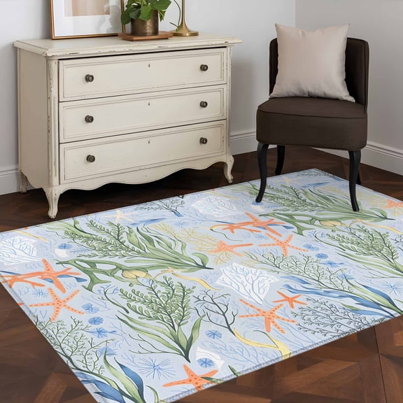 3'x5' Area Rugs, Green Coral Ocean Indoor Outdoor Area Rug for Living Room Bedroom, Summer Shell Starfish Coastal Beach Washable Bathroom Rugs Kitchen Floor Carpet Mats Home Decor Aesthetic