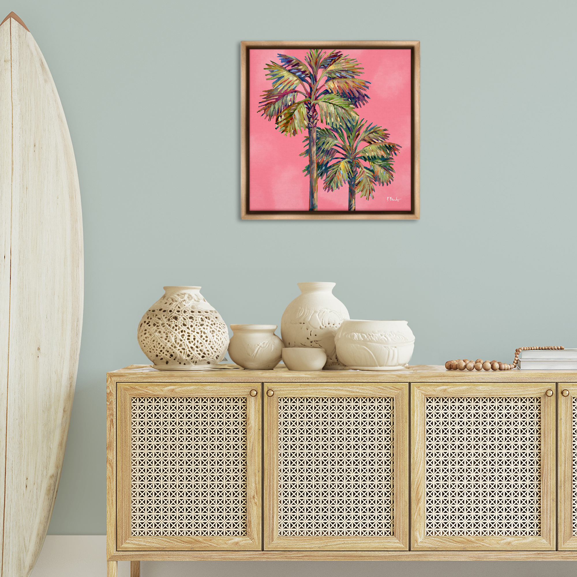 Stupell Industries Bondi Palms on Pink Plants & Flowers Painting Brown Floater Framed Canvas Art Print Wall Art, 25 x 25
