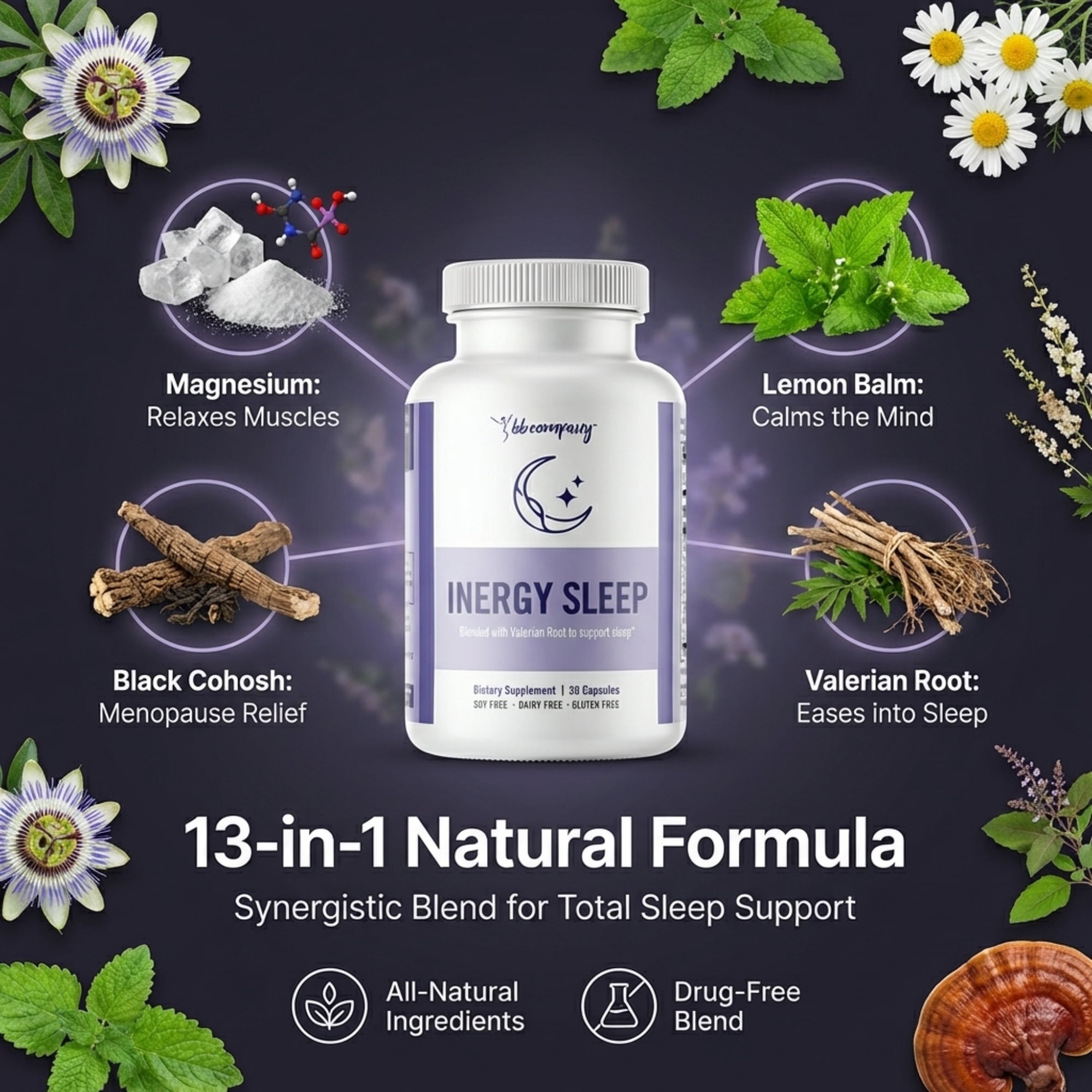 BB Company InergySLEEP Nighttime Supplement for Women – Botanical Sleep Support with Melatonin, Magnesium & GABA, 60 Ct
