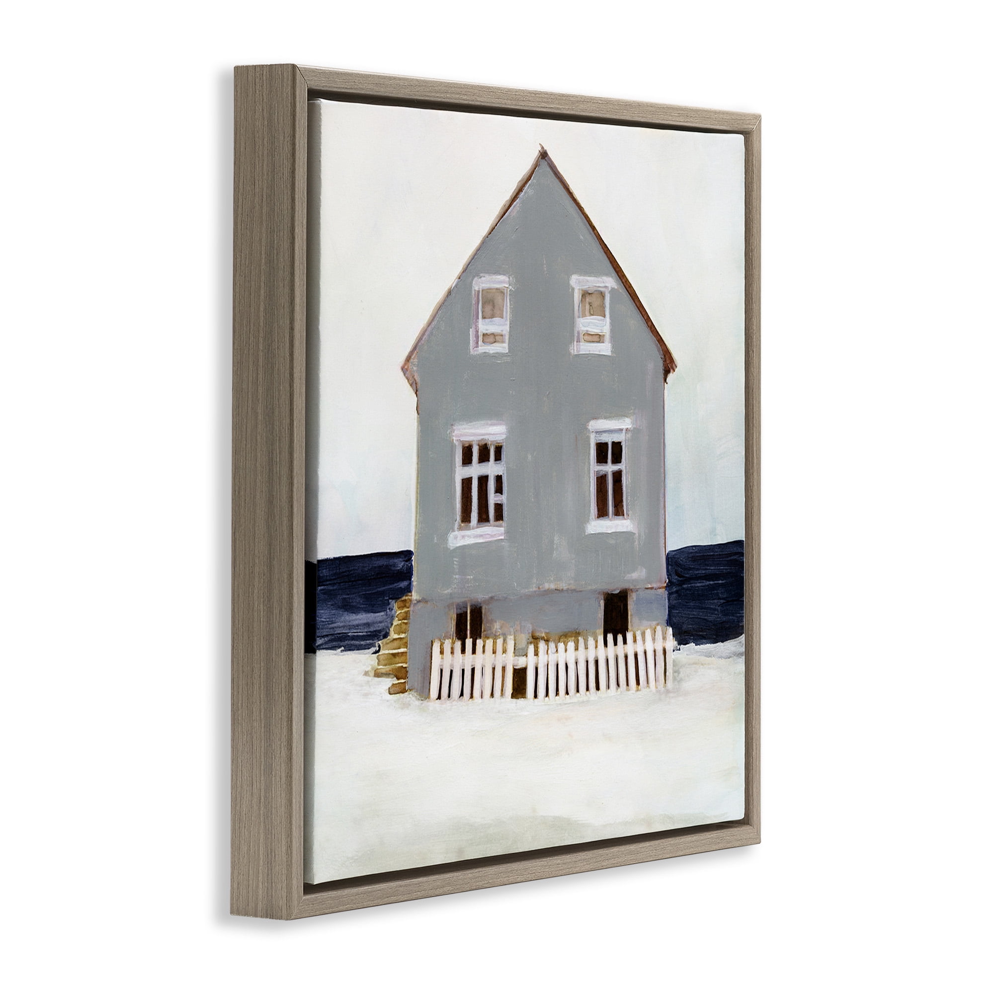 Stupell Industries Winter Beach House Landscape Nature Painting Brown Floater Framed Canvas Art Print Wall Art, 25 x 25