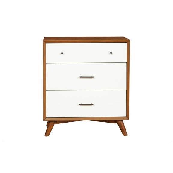 Modern Style Wooden Chest With Three Drawers and Flared Legs Brown and White- Saltoro Sherpi