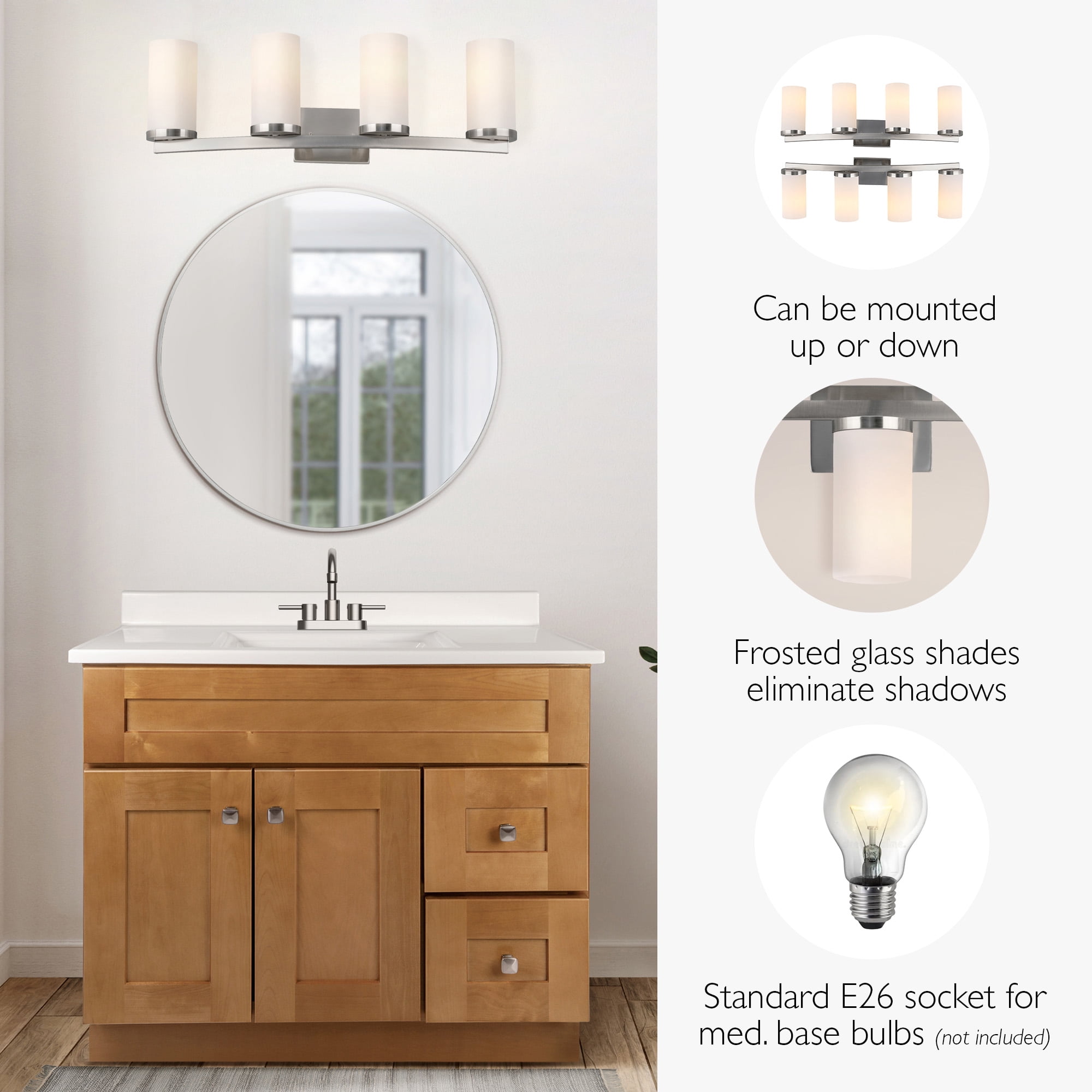 Desta 30" Satin Nickel 4-Light Dimmable Vanity Light With Curved Bar Design and Frosted Glass