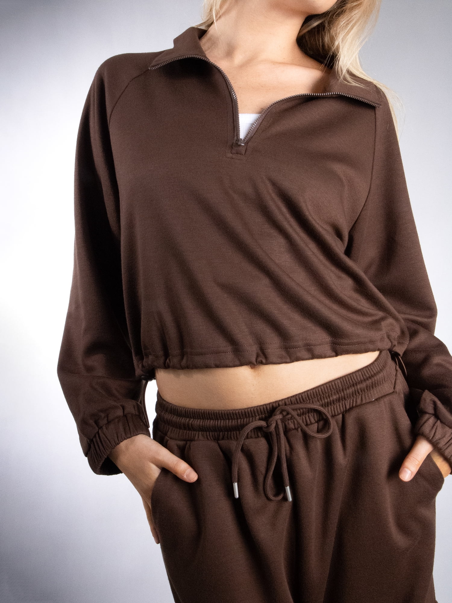 DARING DIVA 2Pcs Women's Stylish Half Zip Pullover Pants Set XS Brown