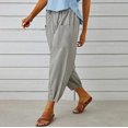 thumbnail image 4 of Women High Waist Linen Capri Pants Drawstring Elastic Waist Loose Cropped Trousers Side Pockets Button Cuff Casual Joggers, 4 of 5