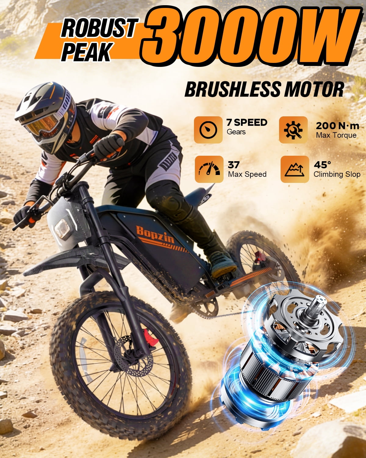 Bopzin Electric Dirt Bike for Adults, Smart App Anti-Theft, 60V 25Ah Up to 100 Miles, 3000W 20"x3.0 Fat Tire Electric Bike UL2849