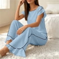 thumbnail image 4 of Tqcoqu Women's 2 Piece Pajama Set, Round Neck Ruffle Short Sleeve Contrast Piping & Drawstring Ruffle Hem Wide Leg Pants, Loungewear Sleepwear for Women, 4 of 6