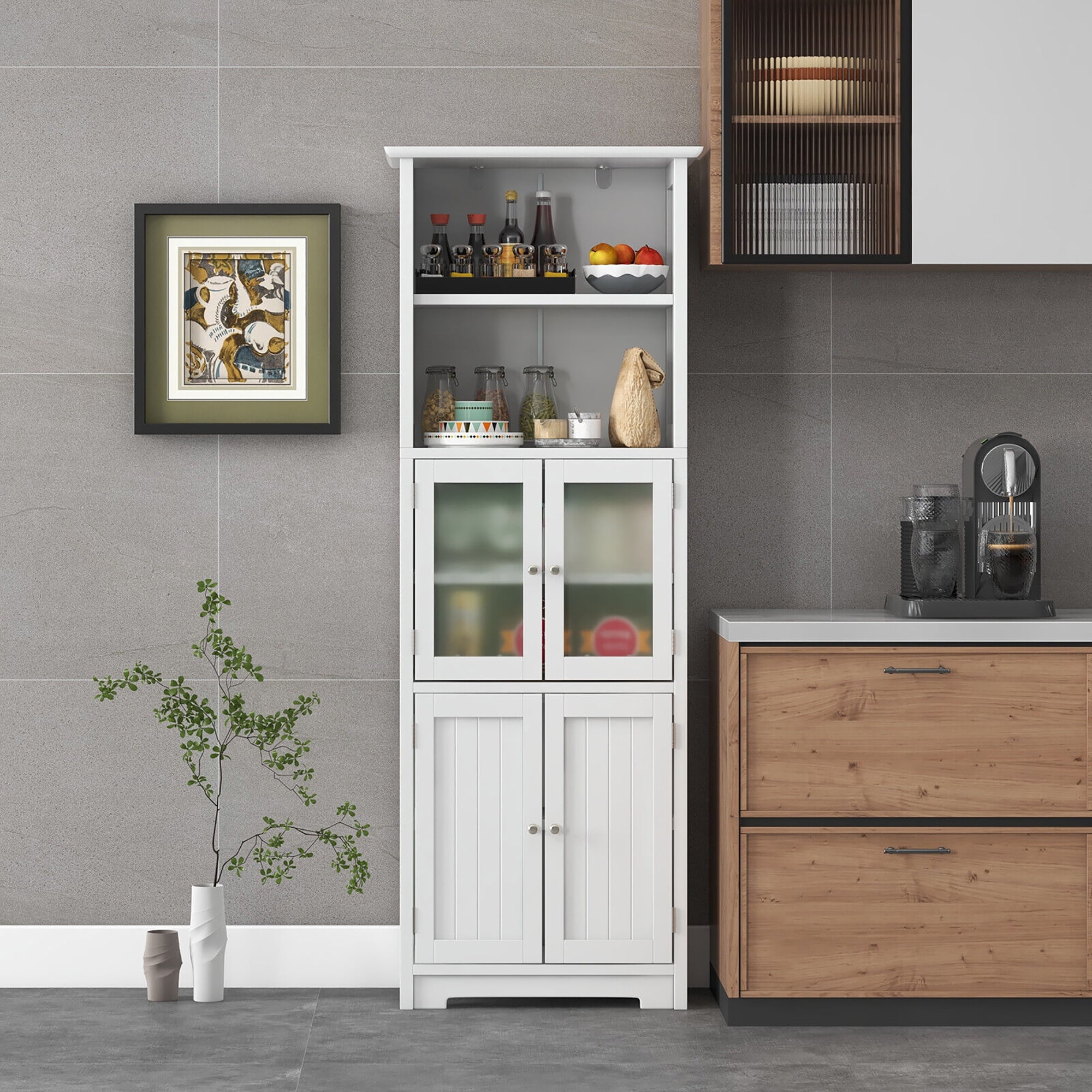 Gymax Bathroom Tall Storage Cabinet Linen Tower w/ Glass Door & Adjustable Shelf White