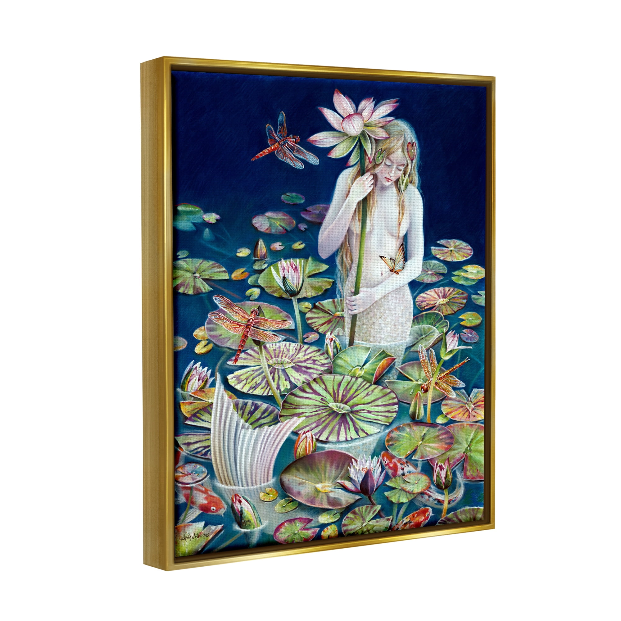 Stupell Industries Mermaid Among Water Lilies Floral Pond Woman Painting Metallic Gold Floating Framed Canvas Print Wall Art, Design by Sheila Wolk