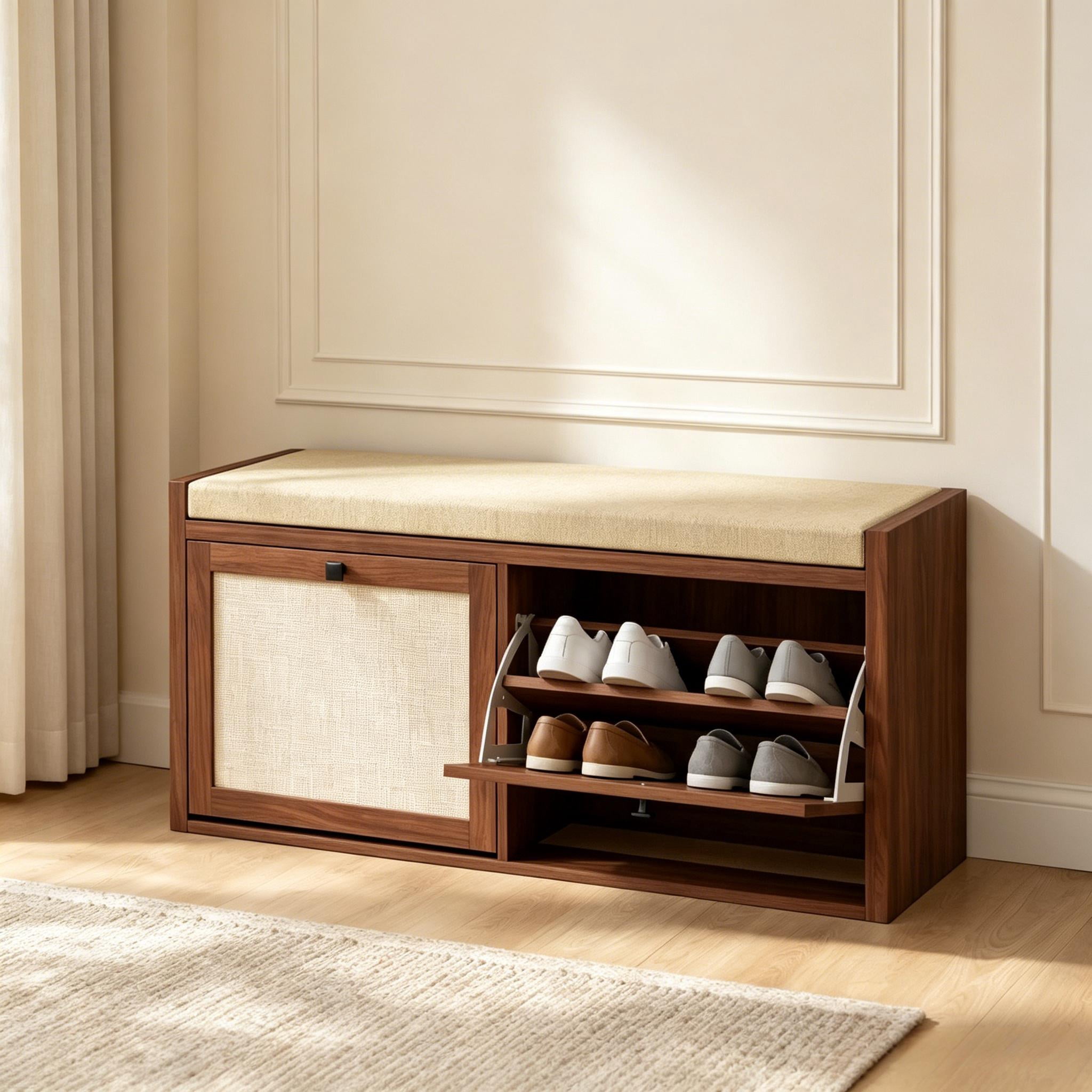 Shoe Storage Bench with Padded Seat, Shoe Storage Bench 2 Rattan Doors for Entryway
