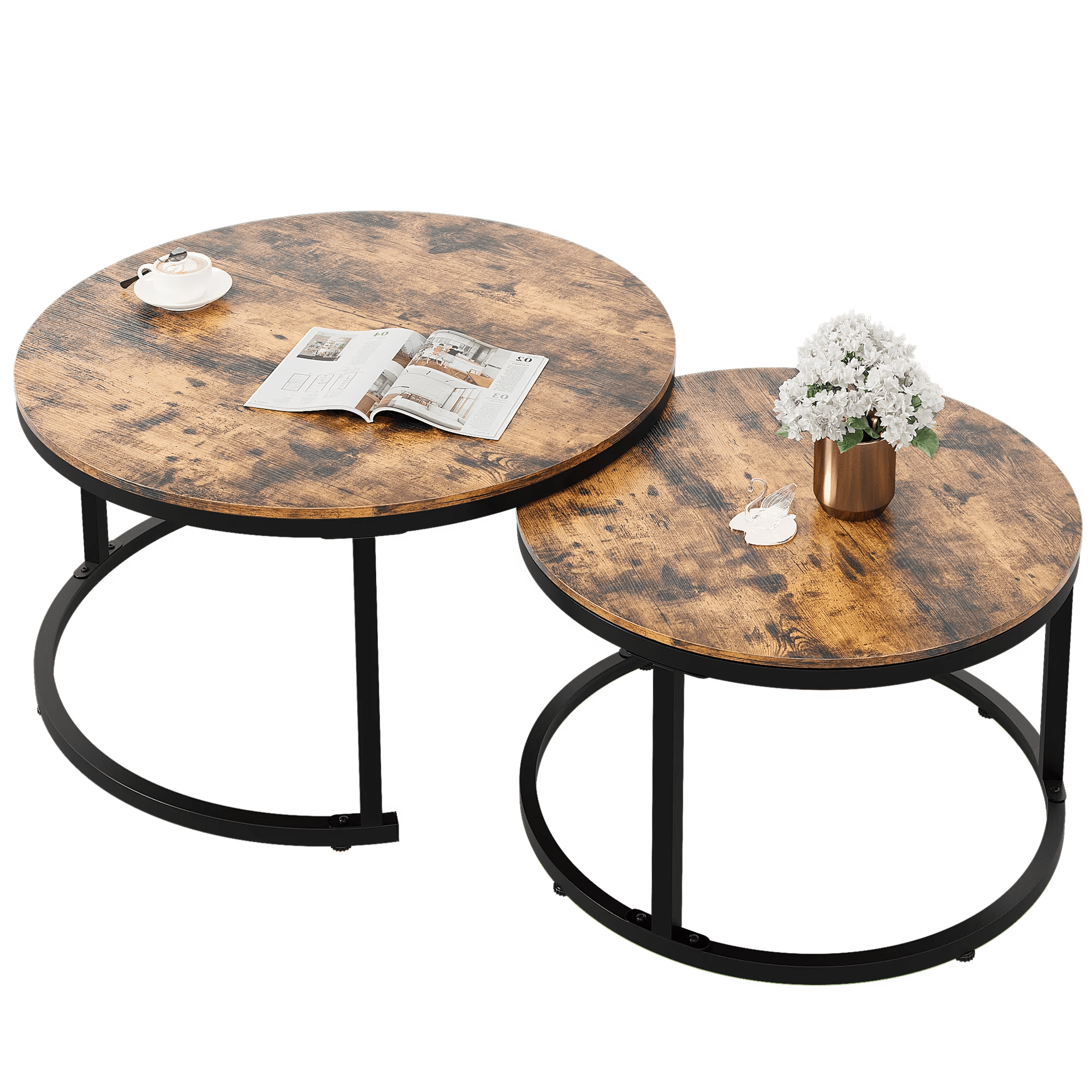 Uforic Nesting Coffee Tables Set of 2,Round Coffee Table for Living Room,Wood Coffee Tables with Sturdy Metal Frame,Rustic Brown