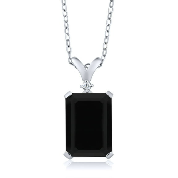 Gem Stone King 925 Sterling Silver Black Onyx and White Diamond Necklace | Emerald Cut 14X10MM Pendant Necklace for Women | 6.62 Cttw | With 18 inch Silver Chain