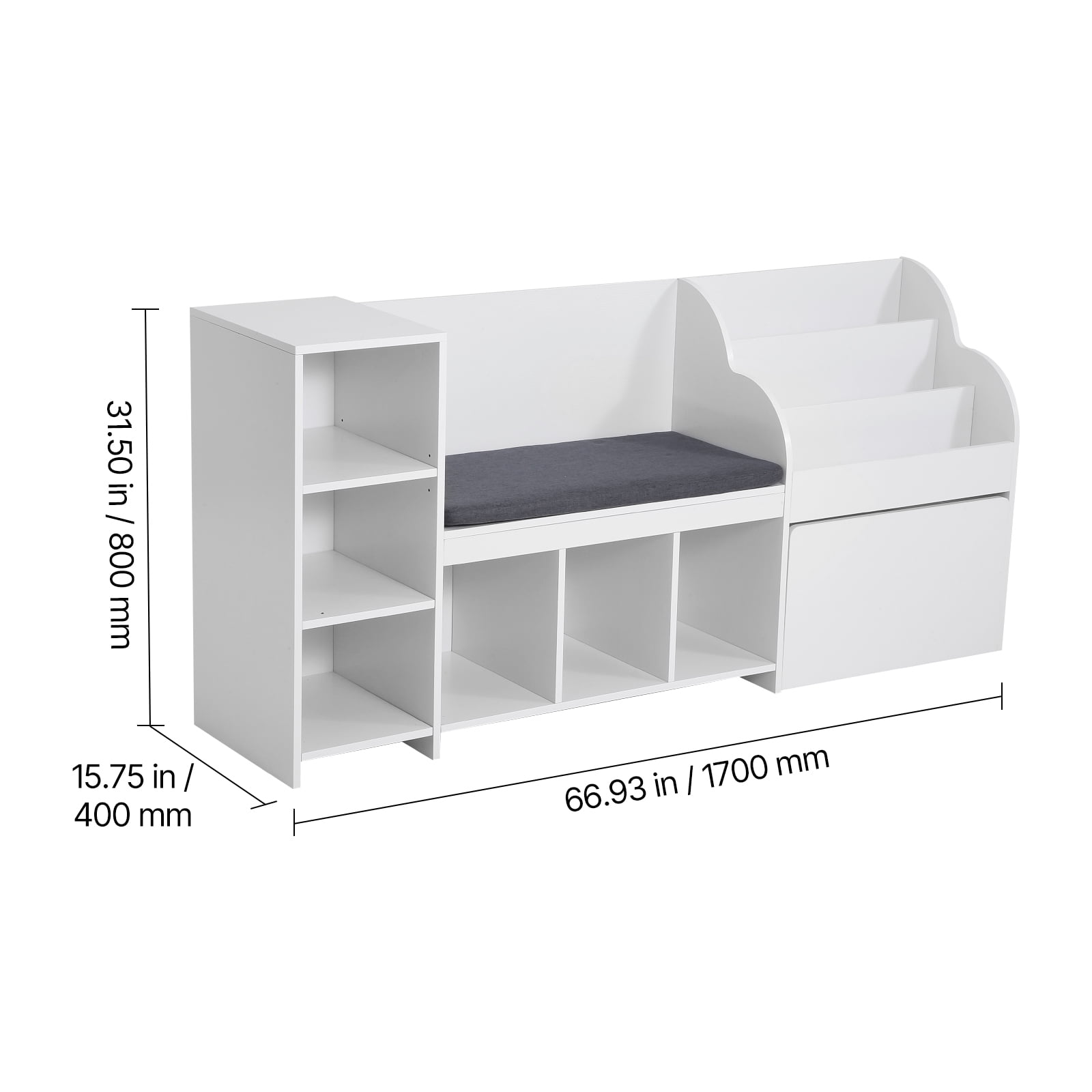 KFFKFF Kids Bench with Storage Rack, Large Toy Organizer with Multiple Functional Area for Playroom, Living Room, or Entryway, White