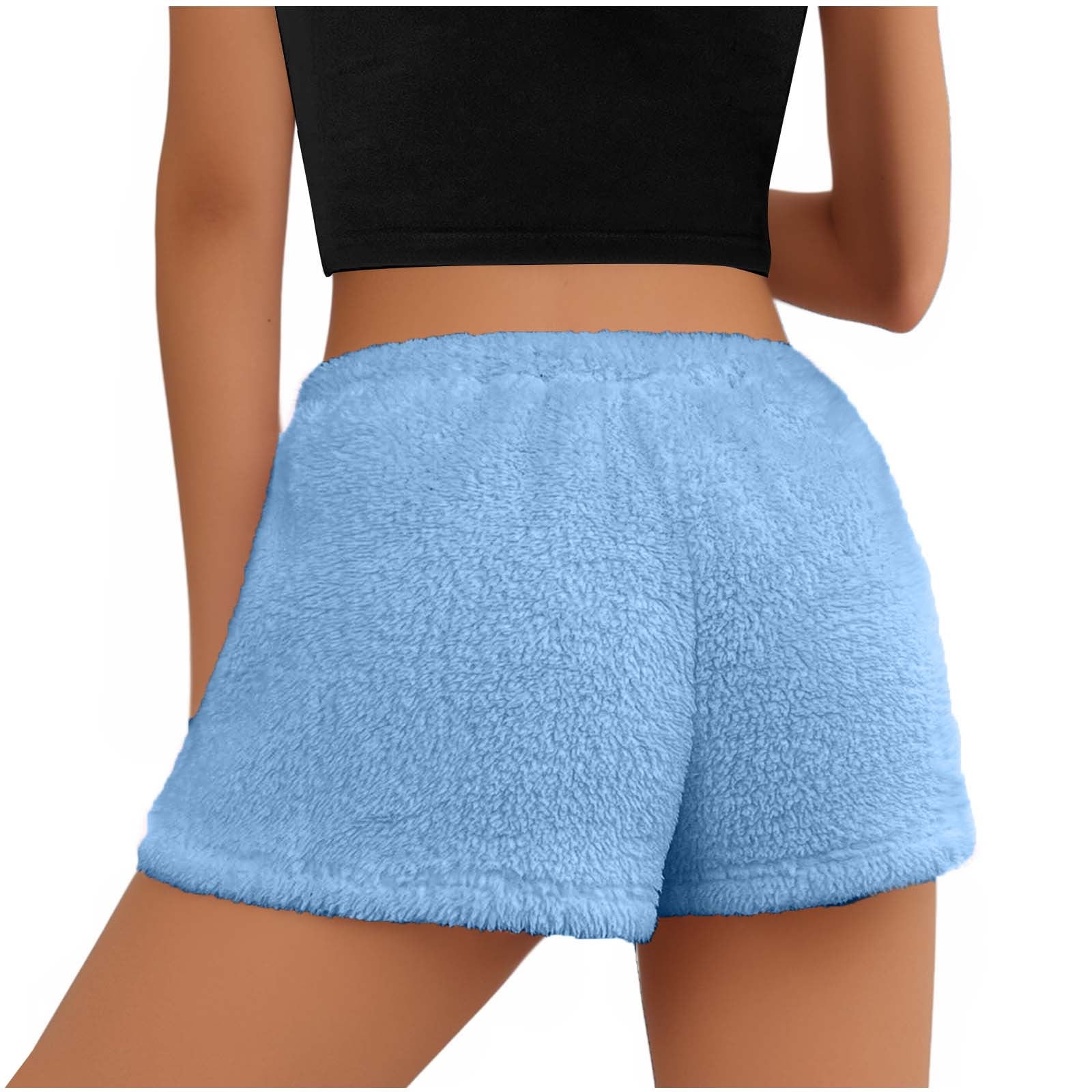 Lenpel Women's Fuzzy Pajama Shorts High Waisted Drawstring Soft