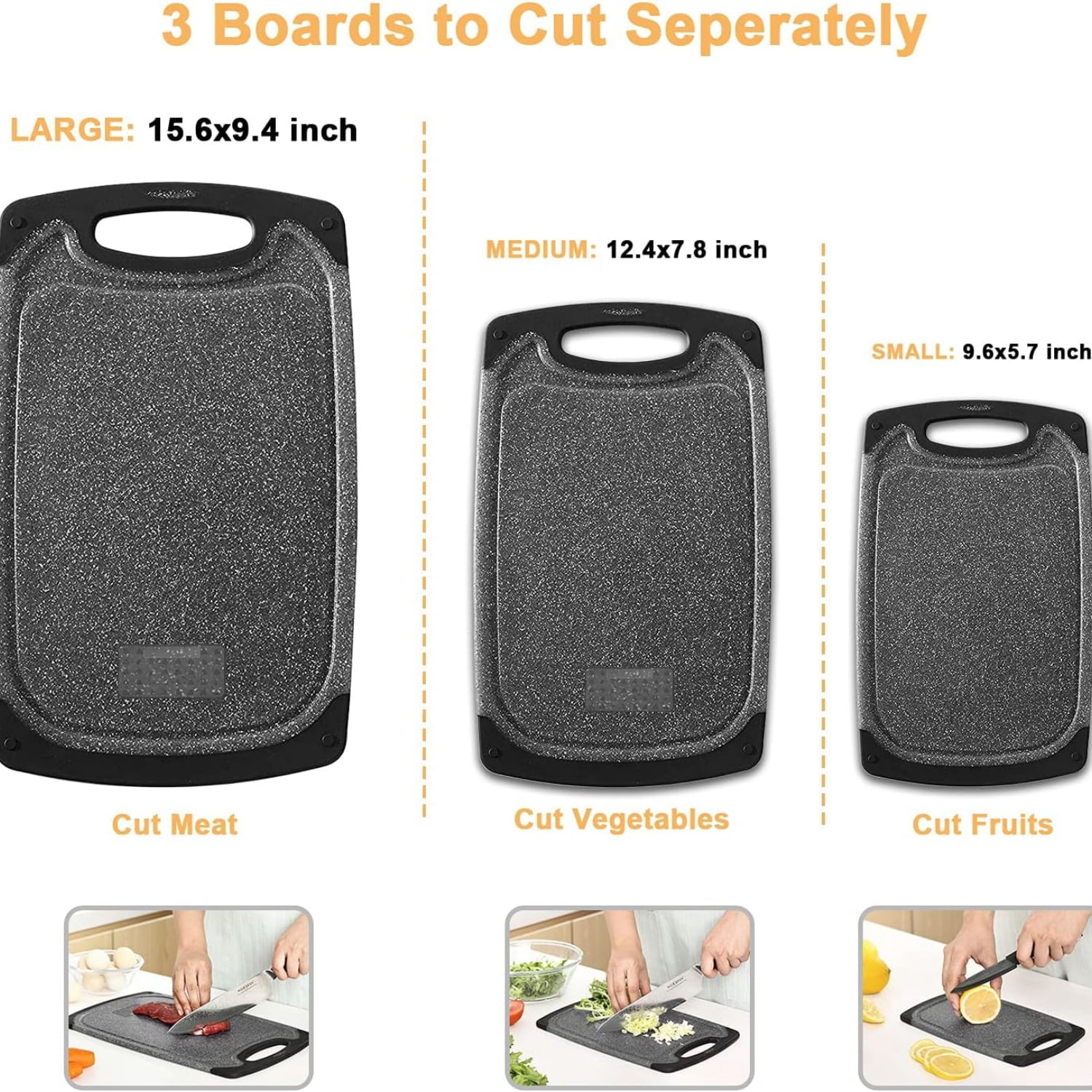 Cutting Boards for Kitchen, Large-Small Cutting Board Set of 3, Juice Groove, Easy Grip Handle, Non-Slip Rubber Cutting Board