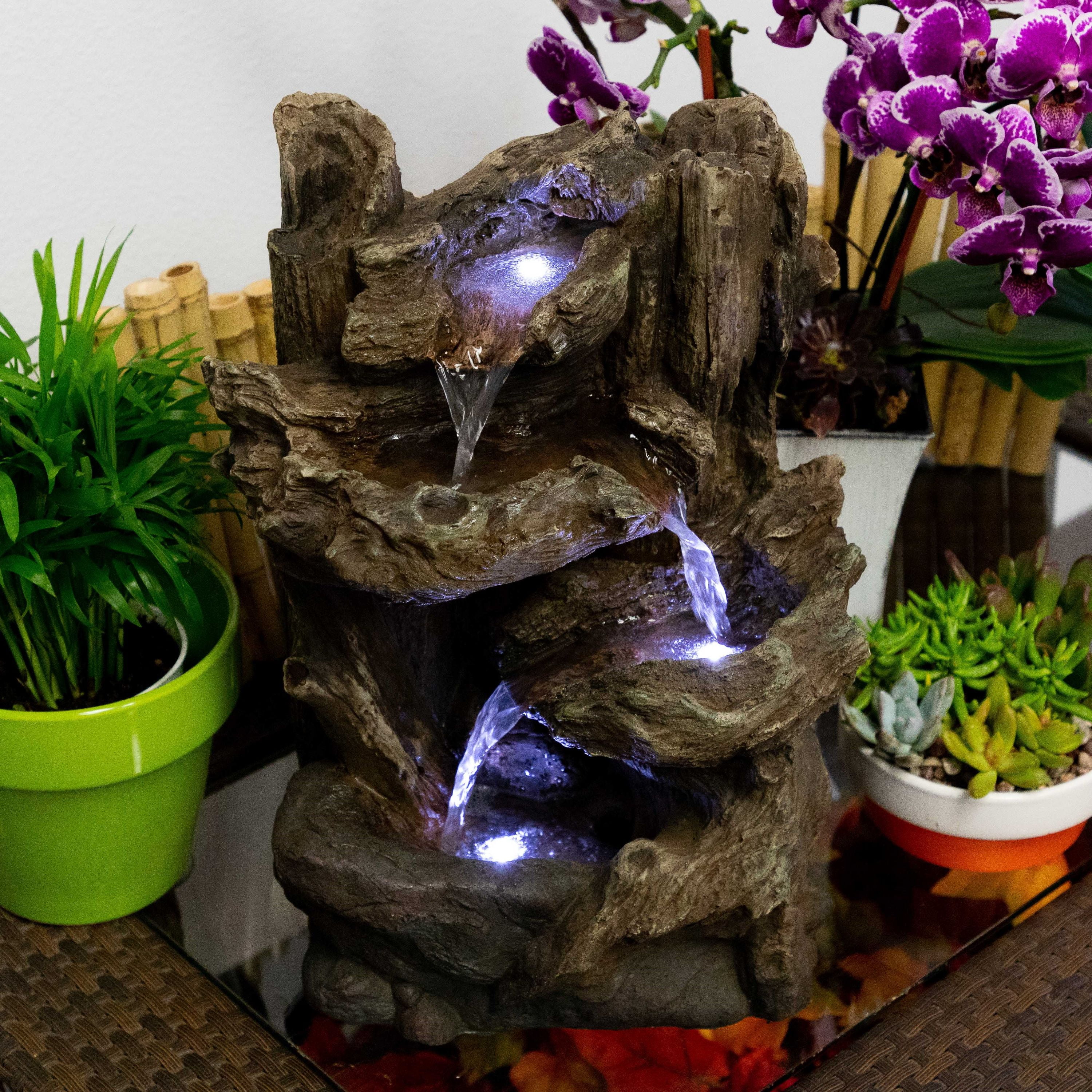 Alpine Corporation Tiered Log Tabletop Fountain with LED Lights
