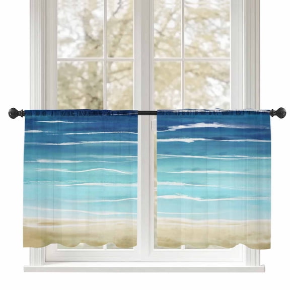 Sheer Curtains 54 inches Long, Blue Beach Scenery Blue Green Brown Abstract Ocean Light Filtering Sheer Window Curtains Rod Pocket Voile Drapes for Bedroom Living Room, 52"W x 54"L 2 Panels